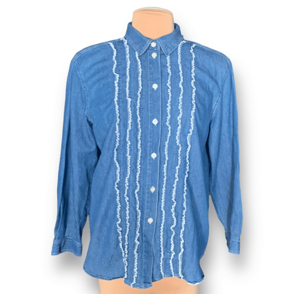 Vintage 90s Top Chambray Medium Wash Denim Ruffle Front Western Button Down